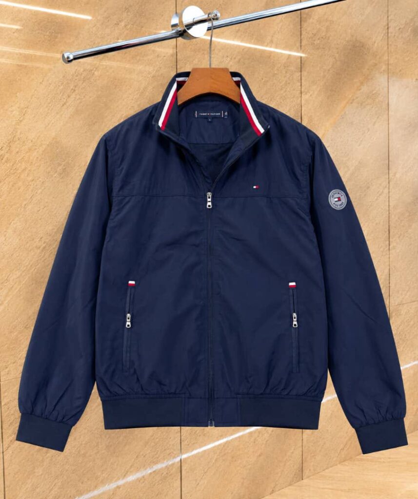 Men's classic navy blue polyester zip-up jacket